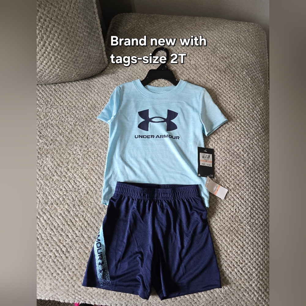 Under Armour Light Blue Tee with Navy Logo and Navy Shorts Set